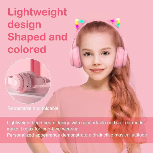 Alt view image 7 of 7 - Bluetooth RGB Cat Ear Headphones, Foldable/Built-in Mic, A Pink