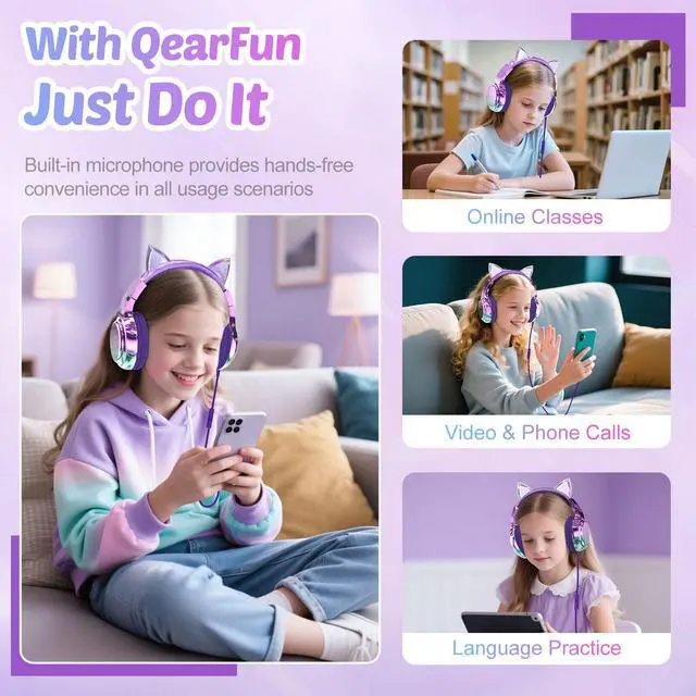 Alt view image 4 of 7 - USB C Kids Cat Ear Wired Headphones with Mic, 85/94dB Volume Limit