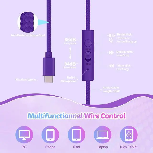 Alt view image 5 of 7 - USB C Kids Cat Ear Wired Headphones with Mic, 85/94dB Volume Limit