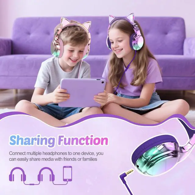 Alt view image 6 of 7 - USB C Kids Cat Ear Wired Headphones with Mic, 85/94dB Volume Limit