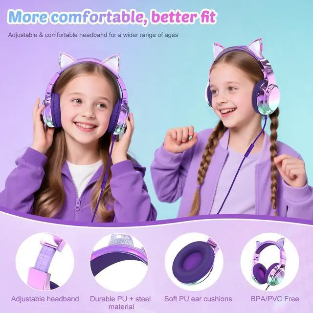 Alt view image 7 of 7 - USB C Kids Cat Ear Wired Headphones with Mic, 85/94dB Volume Limit