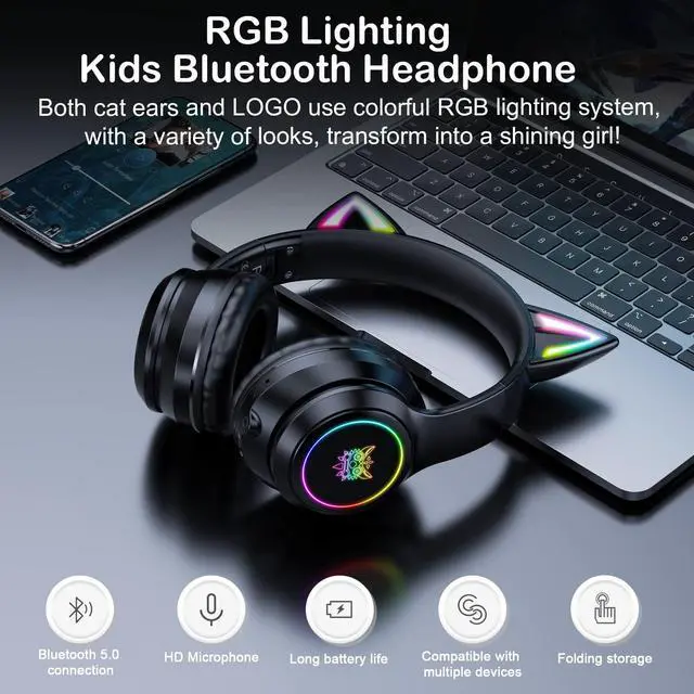 Alt view image 4 of 7 - Bluetooth RGB Cat Ear Headphones, Foldable/Built-in Mic, Black