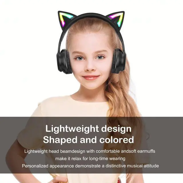 Alt view image 7 of 7 - Bluetooth RGB Cat Ear Headphones, Foldable/Built-in Mic, Black