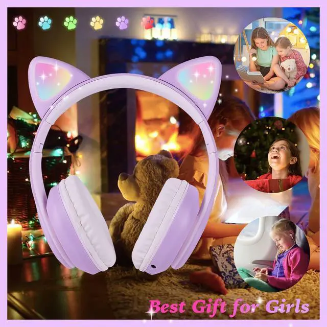 Alt view image 4 of 5 - Wireless Cat Ear Headphones for Kids, LED Light Up Kids Girls Bluetooth Headphones with Microphone for School/Travel/Sports/Gaming/Gifts/Christmas (Purple)