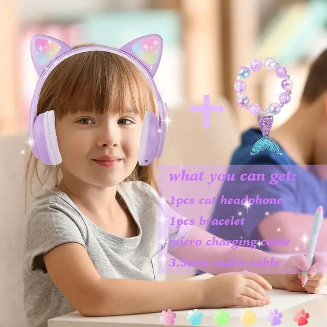 Alt view image 3 of 5 - Wireless Cat Ear Headphones for Kids, LED Light Up Kids Girls Bluetooth Headphones with Microphone for School/Travel/Sports/Gaming/Gifts/Christmas (Purple)