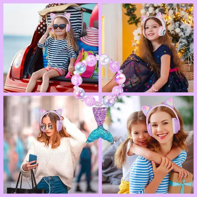 Alt view image 5 of 5 - Wireless Cat Ear Headphones for Kids, LED Light Up Kids Girls Bluetooth Headphones with Microphone for School/Travel/Sports/Gaming/Gifts/Christmas (Purple)