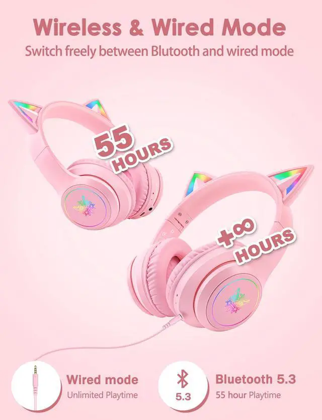Alt view image 3 of 7 - Cat Ear Bluetooth Headphones with Micphone for Kids & Adults, LED Light Up Wireless HI-FI Sound Quality, Over-Ear Headphones with Volume Control for iPhone/iPad/Laptop/PC(55H Play Time)