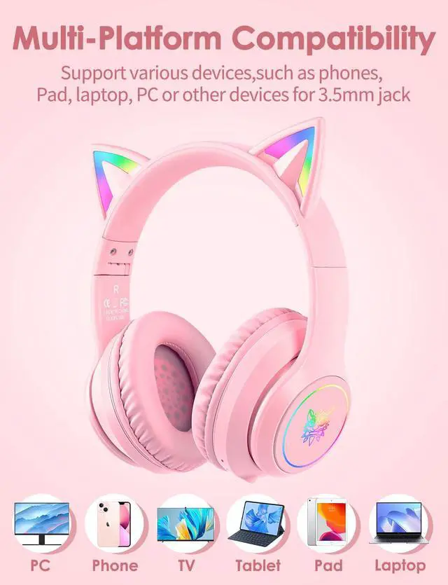 Alt view image 4 of 7 - Cat Ear Bluetooth Headphones with Micphone for Kids & Adults, LED Light Up Wireless HI-FI Sound Quality, Over-Ear Headphones with Volume Control for iPhone/iPad/Laptop/PC(55H Play Time)