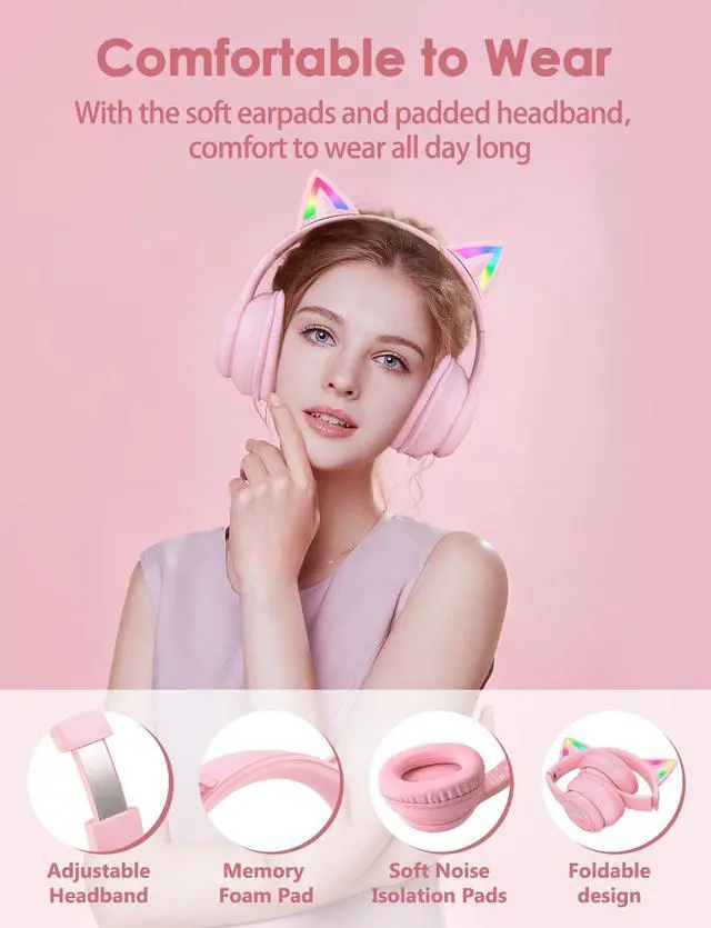 Alt view image 5 of 7 - Cat Ear Bluetooth Headphones with Micphone for Kids & Adults, LED Light Up Wireless HI-FI Sound Quality, Over-Ear Headphones with Volume Control for iPhone/iPad/Laptop/PC(55H Play Time)