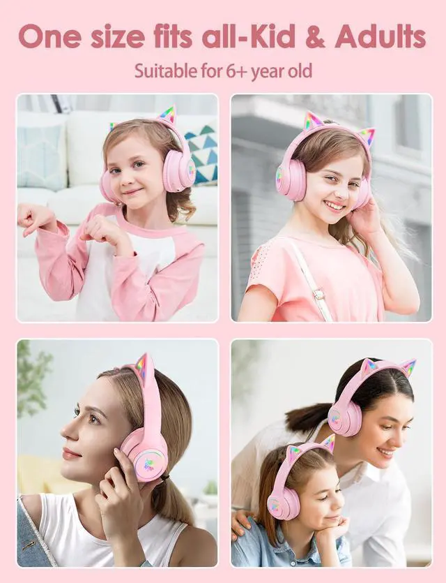 Alt view image 7 of 7 - Cat Ear Bluetooth Headphones with Micphone for Kids & Adults, LED Light Up Wireless HI-FI Sound Quality, Over-Ear Headphones with Volume Control for iPhone/iPad/Laptop/PC(55H Play Time)
