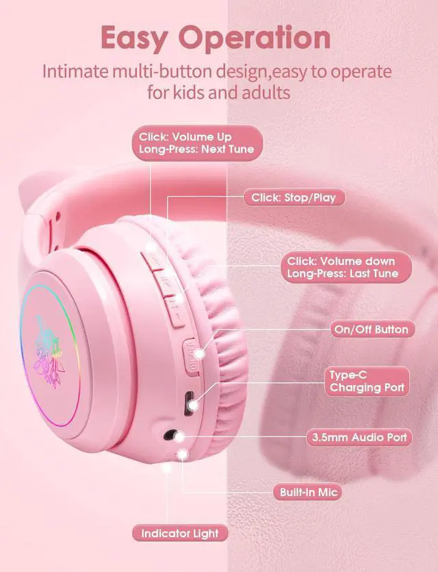 Alt view image 6 of 7 - Cat Ear Bluetooth Headphones with Micphone for Kids & Adults, LED Light Up Wireless HI-FI Sound Quality, Over-Ear Headphones with Volume Control for iPhone/iPad/Laptop/PC(55H Play Time)