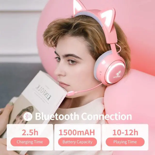 Alt view image 2 of 6 - Wireless Cat Ear Headphones, Pink Gaming Headset Bluetooth 5.0 for Smartphone, Retractable Mic, 50mm Drivers, RGB Lighting Headset with Mic (USB Dongle Not Included)