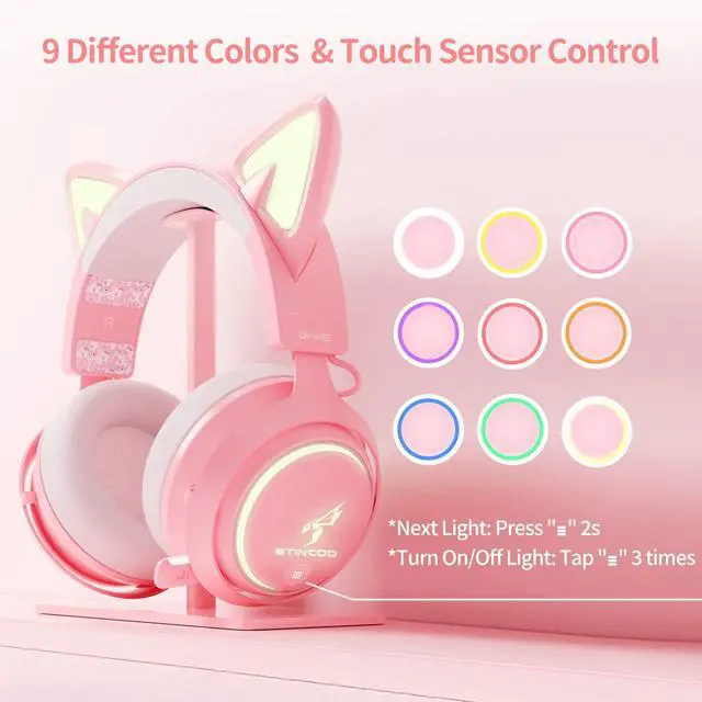 Alt view image 3 of 6 - Wireless Cat Ear Headphones, Pink Gaming Headset Bluetooth 5.0 for Smartphone, Retractable Mic, 50mm Drivers, RGB Lighting Headset with Mic (USB Dongle Not Included)