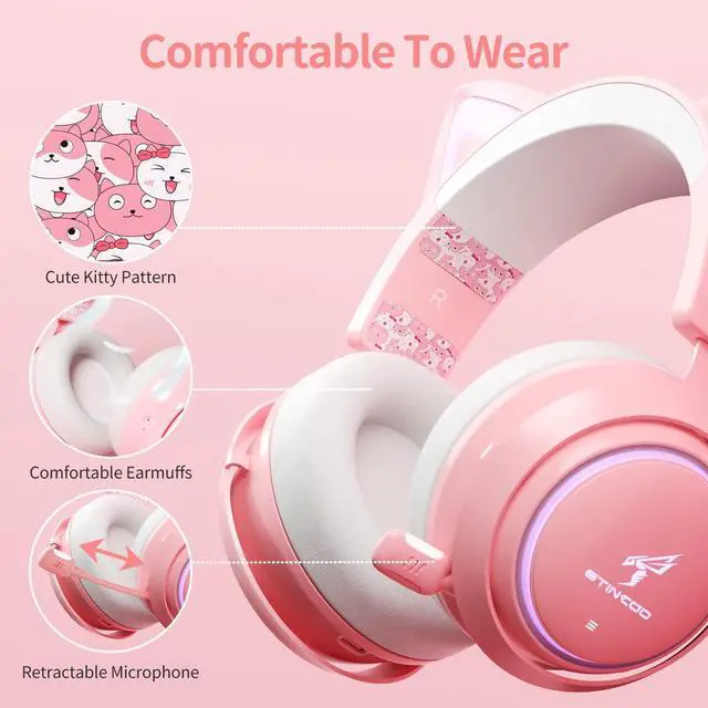Alt view image 6 of 6 - Wireless Cat Ear Headphones, Pink Gaming Headset Bluetooth 5.0 for Smartphone, Retractable Mic, 50mm Drivers, RGB Lighting Headset with Mic (USB Dongle Not Included)