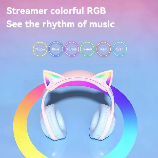 Alt view image 4 of 7 - Cat-Ear Wireless Headphones Bluetooth 5.3 Over the Ear Headphones with RGB Light Built-in Mic Foldable Fashionable Stereo Headset Support TF Card for Gaming Travel PC Phone iPadIce Blue
