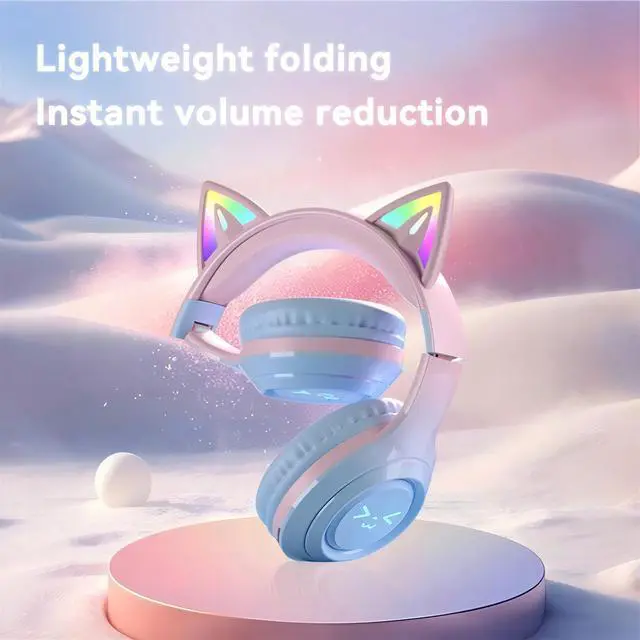 Alt view image 6 of 7 - Cat-Ear Wireless Headphones Bluetooth 5.3 Over the Ear Headphones with RGB Light Built-in Mic Foldable Fashionable Stereo Headset Support TF Card for Gaming Travel PC Phone iPadIce Blue