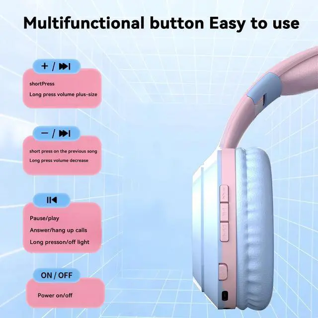 Alt view image 7 of 7 - Cat-Ear Wireless Headphones Bluetooth 5.3 Over the Ear Headphones with RGB Light Built-in Mic Foldable Fashionable Stereo Headset Support TF Card for Gaming Travel PC Phone iPadIce Blue