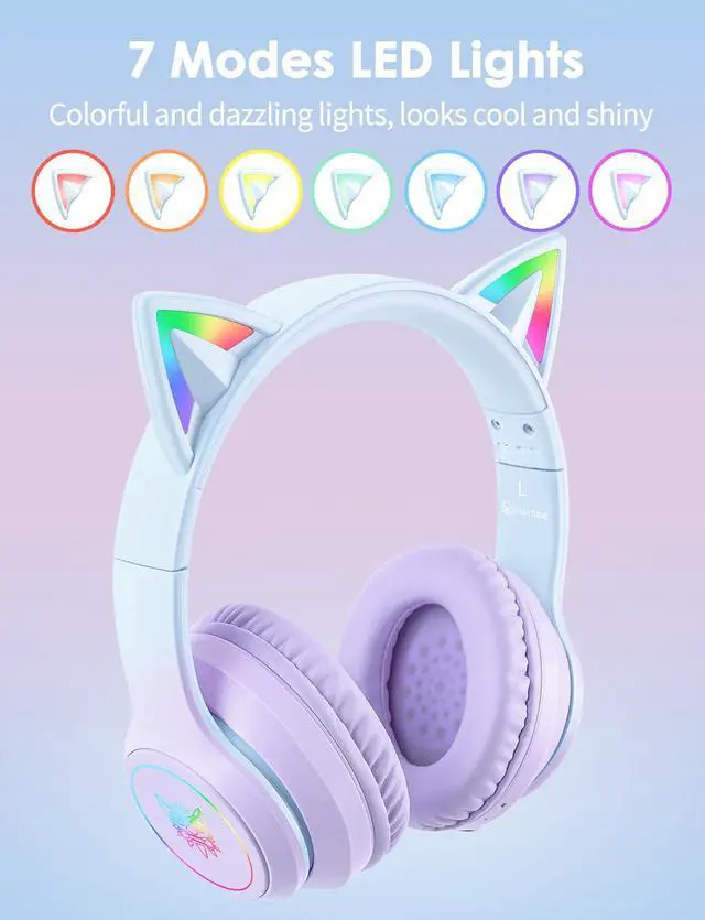 Alt view image 2 of 7 - Cat Ear Bluetooth Headphones with Micphone for Kids & Adults, LED Light Up Wireless HI-FI Sound Quality, Over-Ear Headphones with Volume Control for iPhone/iPad/Laptop/PC(55H Play Time)