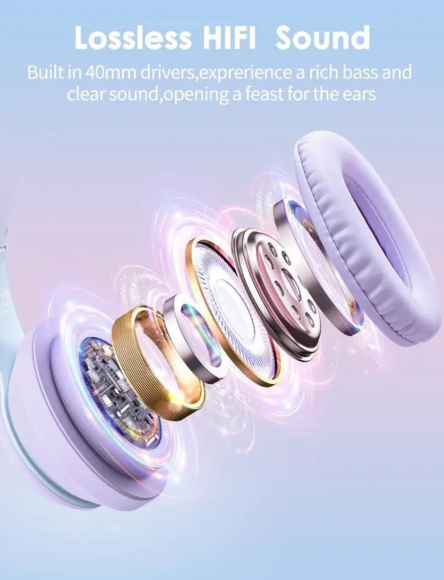 Alt view image 3 of 7 - Cat Ear Bluetooth Headphones with Micphone for Kids & Adults, LED Light Up Wireless HI-FI Sound Quality, Over-Ear Headphones with Volume Control for iPhone/iPad/Laptop/PC(55H Play Time)