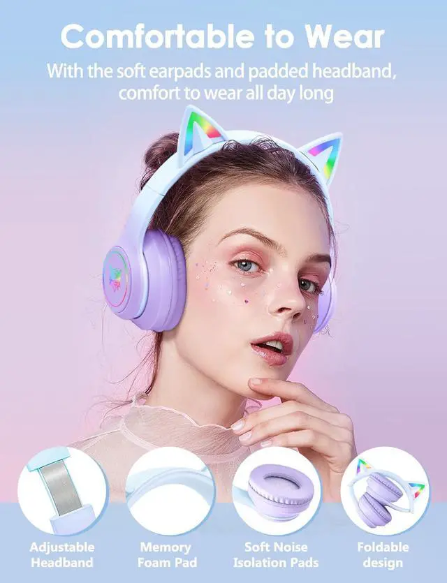 Alt view image 5 of 7 - Cat Ear Bluetooth Headphones with Micphone for Kids & Adults, LED Light Up Wireless HI-FI Sound Quality, Over-Ear Headphones with Volume Control for iPhone/iPad/Laptop/PC(55H Play Time)