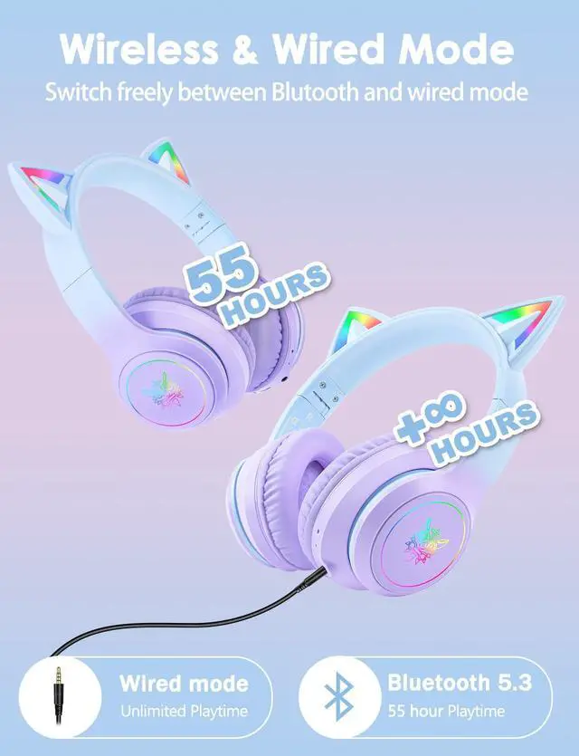Alt view image 6 of 7 - Cat Ear Bluetooth Headphones with Micphone for Kids & Adults, LED Light Up Wireless HI-FI Sound Quality, Over-Ear Headphones with Volume Control for iPhone/iPad/Laptop/PC(55H Play Time)