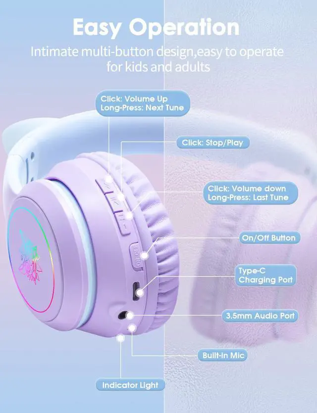 Alt view image 7 of 7 - Cat Ear Bluetooth Headphones with Micphone for Kids & Adults, LED Light Up Wireless HI-FI Sound Quality, Over-Ear Headphones with Volume Control for iPhone/iPad/Laptop/PC(55H Play Time)