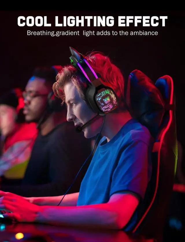 Alt view image 3 of 7 - Gaming Headset with Microphone, RGB Lights, Detachable Cat Ear, Lightweight Over-Ear Headphones with Adjustable Headband for PC, PS4, PS5, Mac, Switch, Surround Sound, in-Line Control, Black