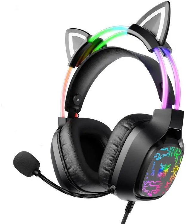 Main image of Gaming Headset with Microphone, RGB Lights, Detachable Cat Ear, Lightweight Over-Ear Headphones with Adjustable Headband for PC, PS4, PS5, Mac, Switch, Surround Sound, in-Line Control, Black