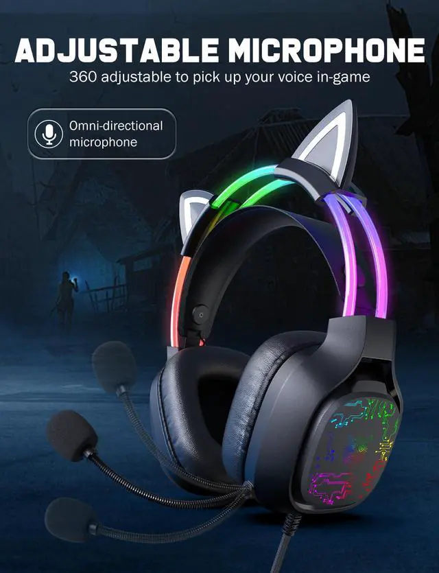 Alt view image 5 of 7 - Gaming Headset with Microphone, RGB Lights, Detachable Cat Ear, Lightweight Over-Ear Headphones with Adjustable Headband for PC, PS4, PS5, Mac, Switch, Surround Sound, in-Line Control, Black