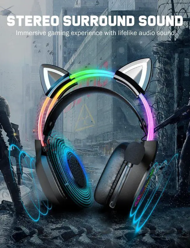 Alt view image 2 of 7 - Gaming Headset with Microphone, RGB Lights, Detachable Cat Ear, Lightweight Over-Ear Headphones with Adjustable Headband for PC, PS4, PS5, Mac, Switch, Surround Sound, in-Line Control, Black