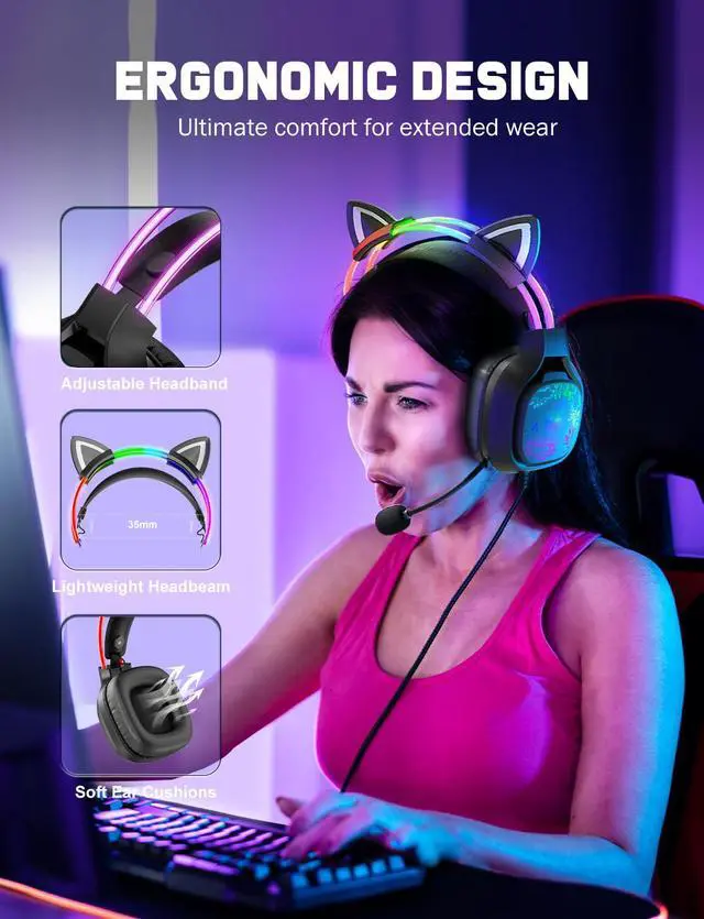 Alt view image 6 of 7 - Gaming Headset with Microphone, RGB Lights, Detachable Cat Ear, Lightweight Over-Ear Headphones with Adjustable Headband for PC, PS4, PS5, Mac, Switch, Surround Sound, in-Line Control, Black