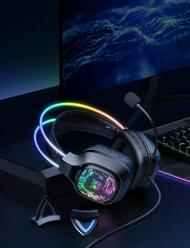 Alt view image 7 of 7 - Gaming Headset with Microphone, RGB Lights, Detachable Cat Ear, Lightweight Over-Ear Headphones with Adjustable Headband for PC, PS4, PS5, Mac, Switch, Surround Sound, in-Line Control, Black