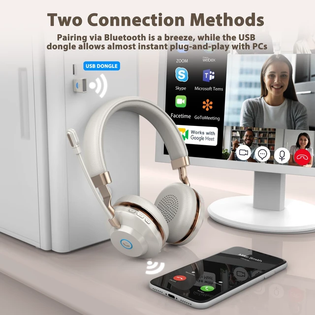Alt view image 6 of 7 - Wireless Headset with Mic for Work, V5.3 Bluetooth Headset for PC | ENC Noise-canceling Microphone, One-Touch Mute & USB Dongle, 45H Wireless Headphones with Mic for Home/Office/Call Center