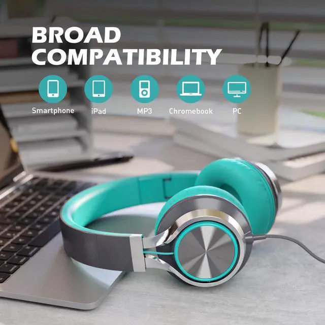 Alt view image 6 of 6 - C8 Wired Headphones with Mic for Kids School,3.5mm Jack, Grey Mint
