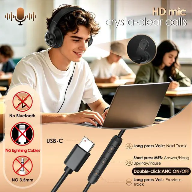Alt view image 5 of 7 - Active Noise Cancelling Headphones, USB C Headphone Wired Over Ear with Mic