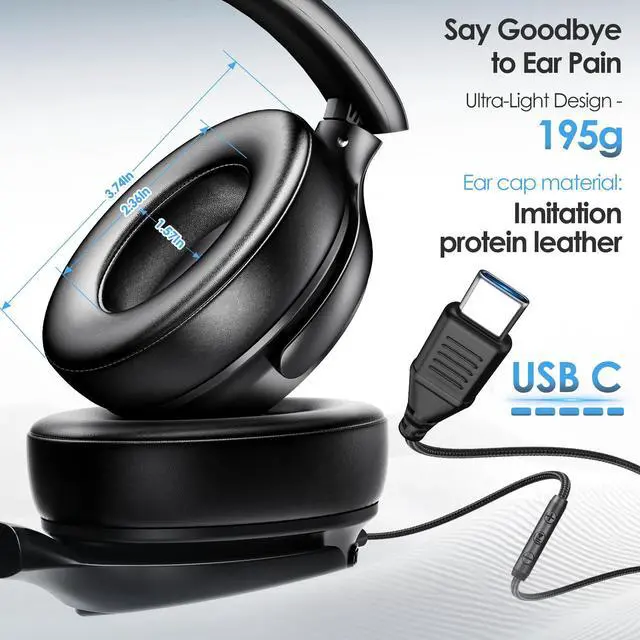 Alt view image 2 of 7 - USB C Wired Headphones, Active Noise Canceling Over Ear with Mic