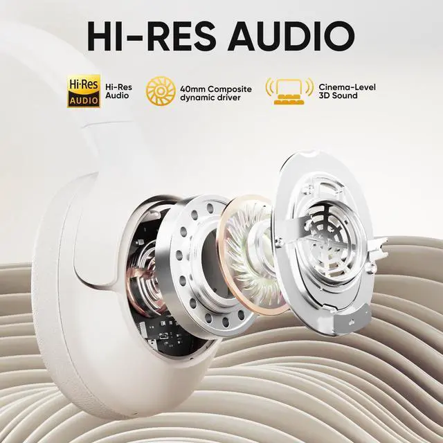 Alt view image 3 of 7 - H3 ANC Bluetooth Headphones Over Ear, Active Noise Cancelling Bluetooth 5.4 Headphones with Microphones, Hi-Res Audio Sound, Multipoint Connection, 60H Playback, Custom EQ via App(White)