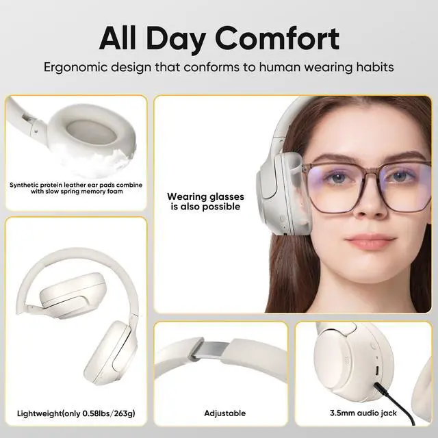 Alt view image 6 of 7 - H3 ANC Bluetooth Headphones Over Ear, Active Noise Cancelling Bluetooth 5.4 Headphones with Microphones, Hi-Res Audio Sound, Multipoint Connection, 60H Playback, Custom EQ via App(White)