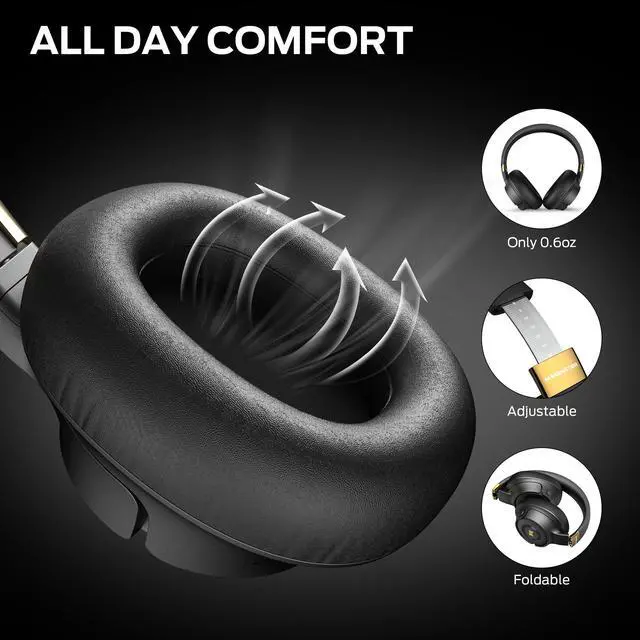 Alt view image 6 of 7 - Active Noise Cancelling Headphones, Wireless Over-Ear Bluetooth, 40H Long ANC Playtime, HiFi Audio, Big Bass, Deep Bass, Built-in Mic, Memory Foam Ear Cups for Home