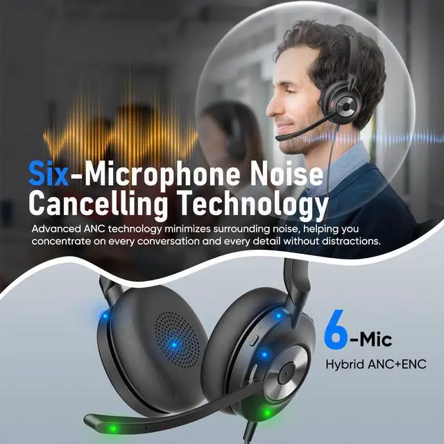 Alt view image 2 of 7 - USB Headset with Microphone for PC, Active Noise Cancelling Headphones with ENC Noise Cancelling Mic, Wired Office Computer Headset with Mute for Call Center, Teams, Zoom