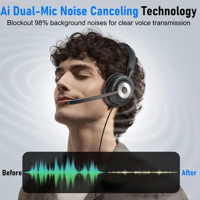Alt view image 3 of 7 - USB Headset with Microphone for PC, Active Noise Cancelling Headphones with ENC Noise Cancelling Mic, Wired Office Computer Headset with Mute for Call Center, Teams, Zoom