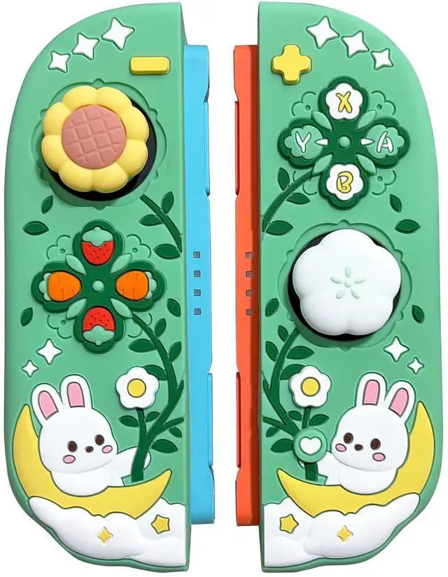 Main image of Silicone Protective Case for Nintendo Switch 2 Joy Con Controllers with 2 Silicone Thumb Grips, Bunny & Flower Design, Green