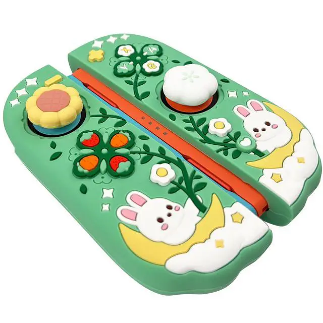Alt view image 4 of 7 - Silicone Protective Case for Nintendo Switch 2 Joy Con Controllers with 2 Silicone Thumb Grips, Bunny & Flower Design, Green
