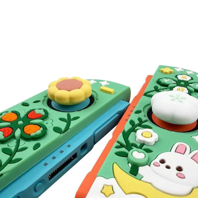 Alt view image 7 of 7 - Silicone Protective Case for Nintendo Switch 2 Joy Con Controllers with 2 Silicone Thumb Grips, Bunny & Flower Design, Green