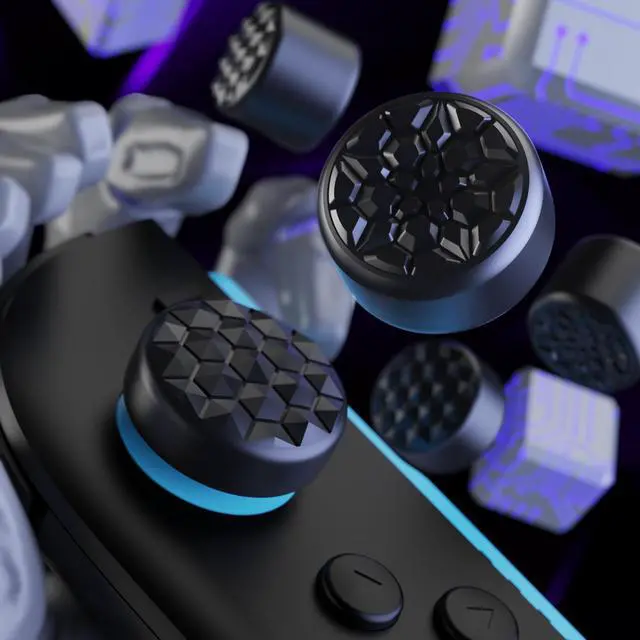 Alt view image 6 of 7 - Quantum Pro Ergonomic Thumbstick Grips for Nintendo Switch 2, Joystick Caps Thumb Grip for Joycon 2 - with 3 Height Convex and Concave - Diamond Grain & Crack Bomb Design - Black