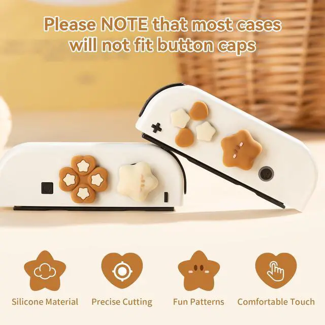 Alt view image 2 of 7 - ABXY Buttons Sticker Joystick Cover Caps, Cross D-Pad Button Caps Silicone Thumb Grips Set Compatible with Nintendo Switch/OLED Controller - Star Baby(Yellow Brown)