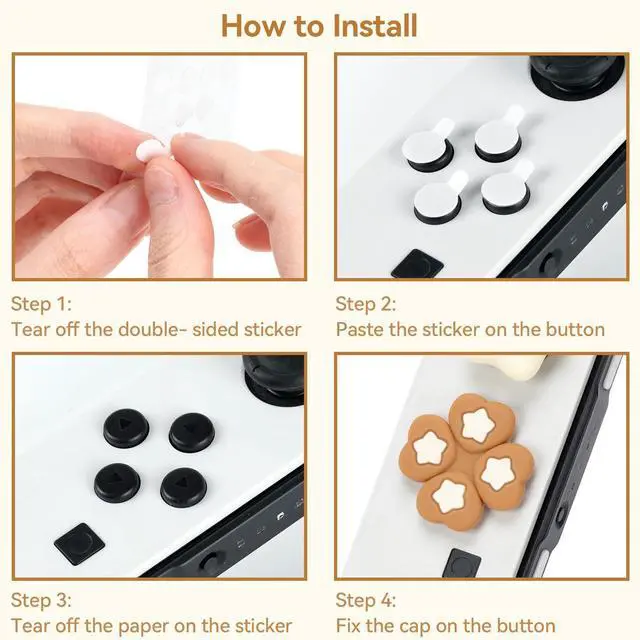 Alt view image 5 of 7 - ABXY Buttons Sticker Joystick Cover Caps, Cross D-Pad Button Caps Silicone Thumb Grips Set Compatible with Nintendo Switch/OLED Controller - Star Baby(Yellow Brown)