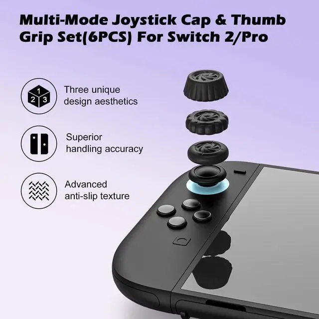 Alt view image 6 of 7 - Thumb Grips Set for Nintendo Switch 2/Pro, Anti-Slip Joycon Controller Caps, Ergonomic Design, Enhanced Gaming Grip, Thumb Grip Caps, Switch 2 Joystick Caps, Black, 3 Pairs (6 PCS)