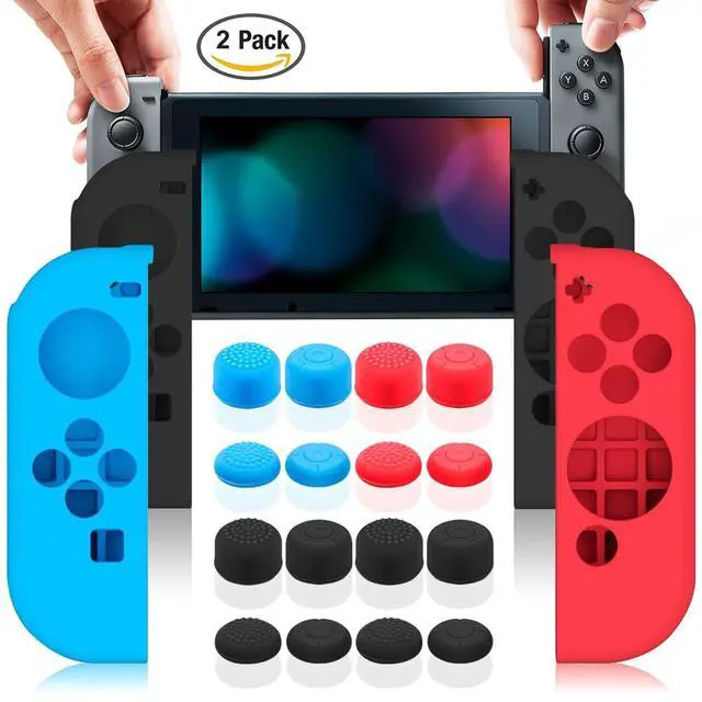 Alt view image 7 of 7 - Protective Case Compatible with Nintendo Switch Joy-Con Controller with Thumb Caps, 2 Pack Anti-Slip Silicone Grips Covers with 16 Thumb Stick Pads - Black, Blue + Red