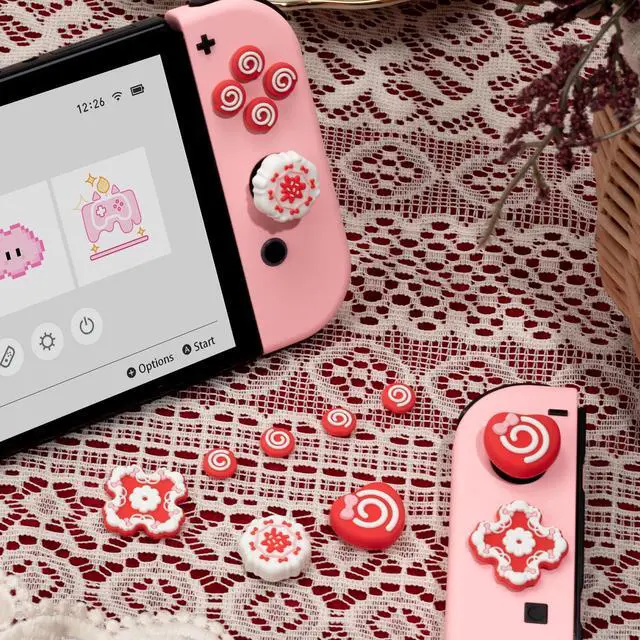 Alt view image 6 of 7 - Silicone Thumb Grip Caps Compatible with Switch/OLED Controller, Joystick Covers, D-Pad Button Cap, ABXY Button Stickers - Sweet Raspberry Pie